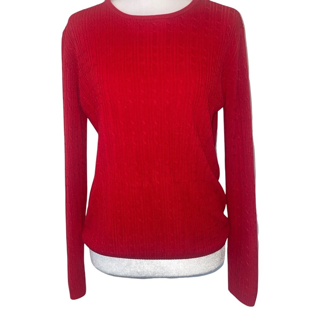 Red Cashmalon Cable Knit Crewneck Sweater Size M Kim Rogers